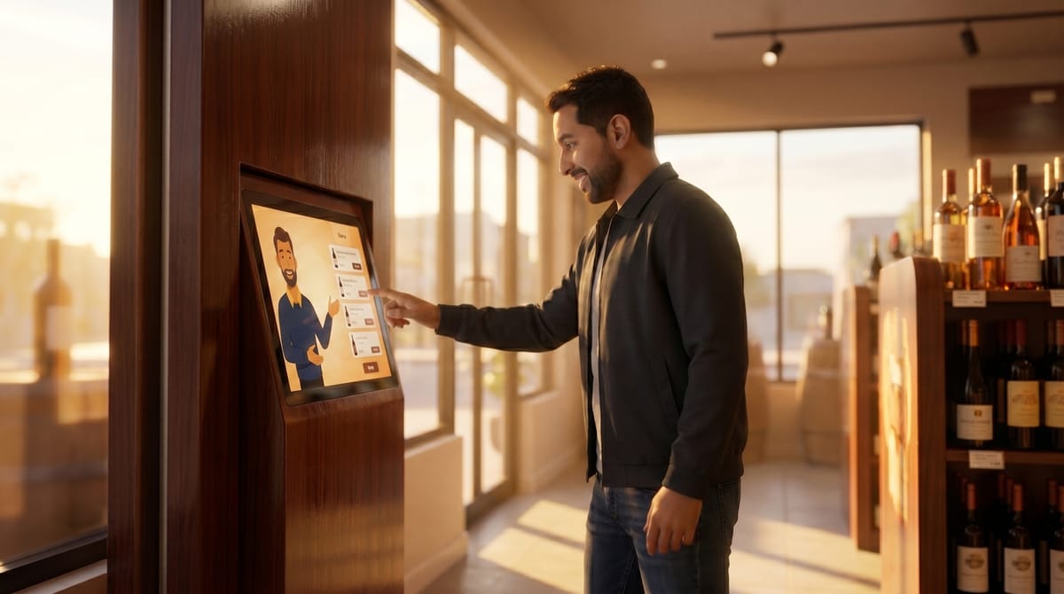 Remi Mountable Kiosk with digital touchscreen display mounted on wall bracket.